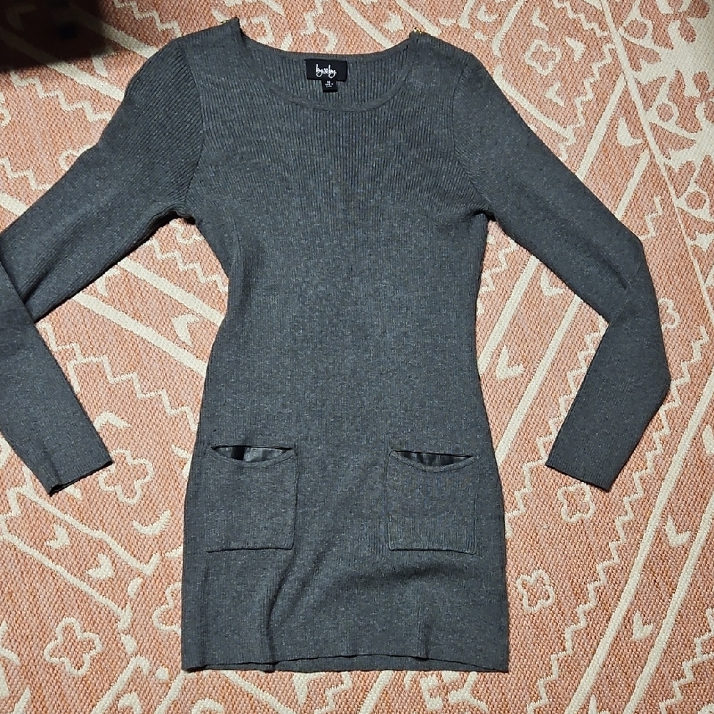 NEW Y2K VINTAGE long Sleeve Grey Sweater Dress  Gold Zipper On Shoulders Medium